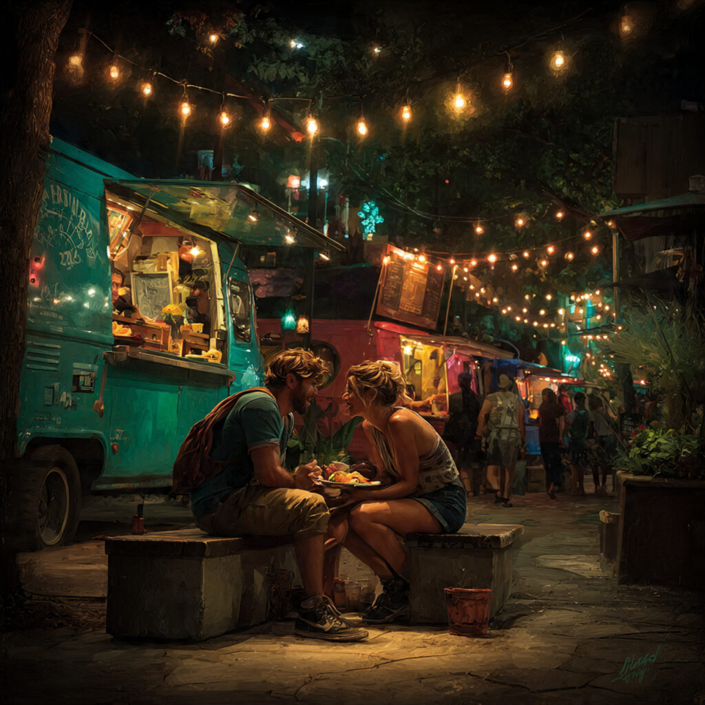 urban evening street with food trucks lined