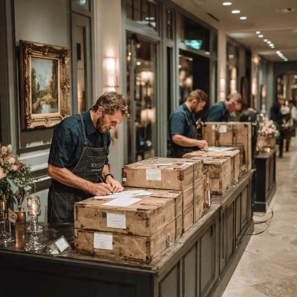 vendors unloading d cor crates at wedding venue