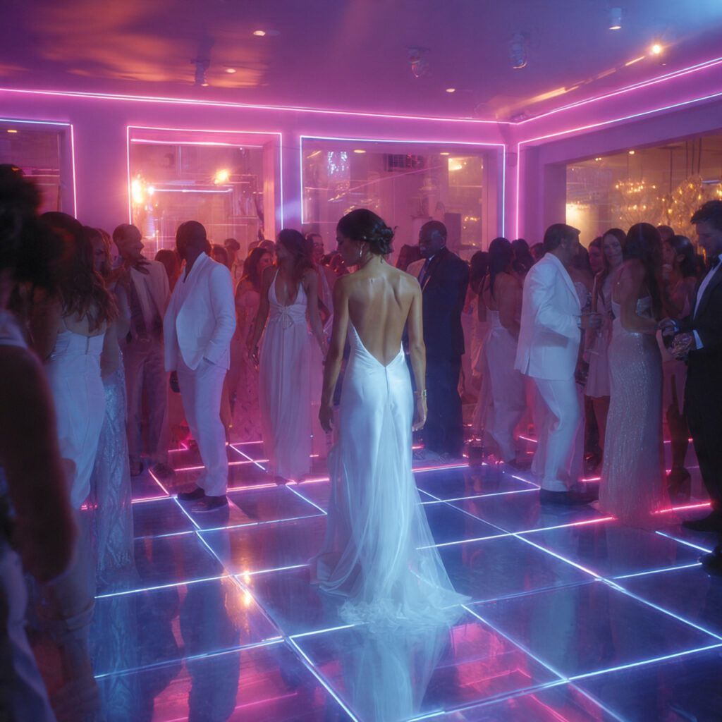 vibrant neon lit wedding after party dance floor