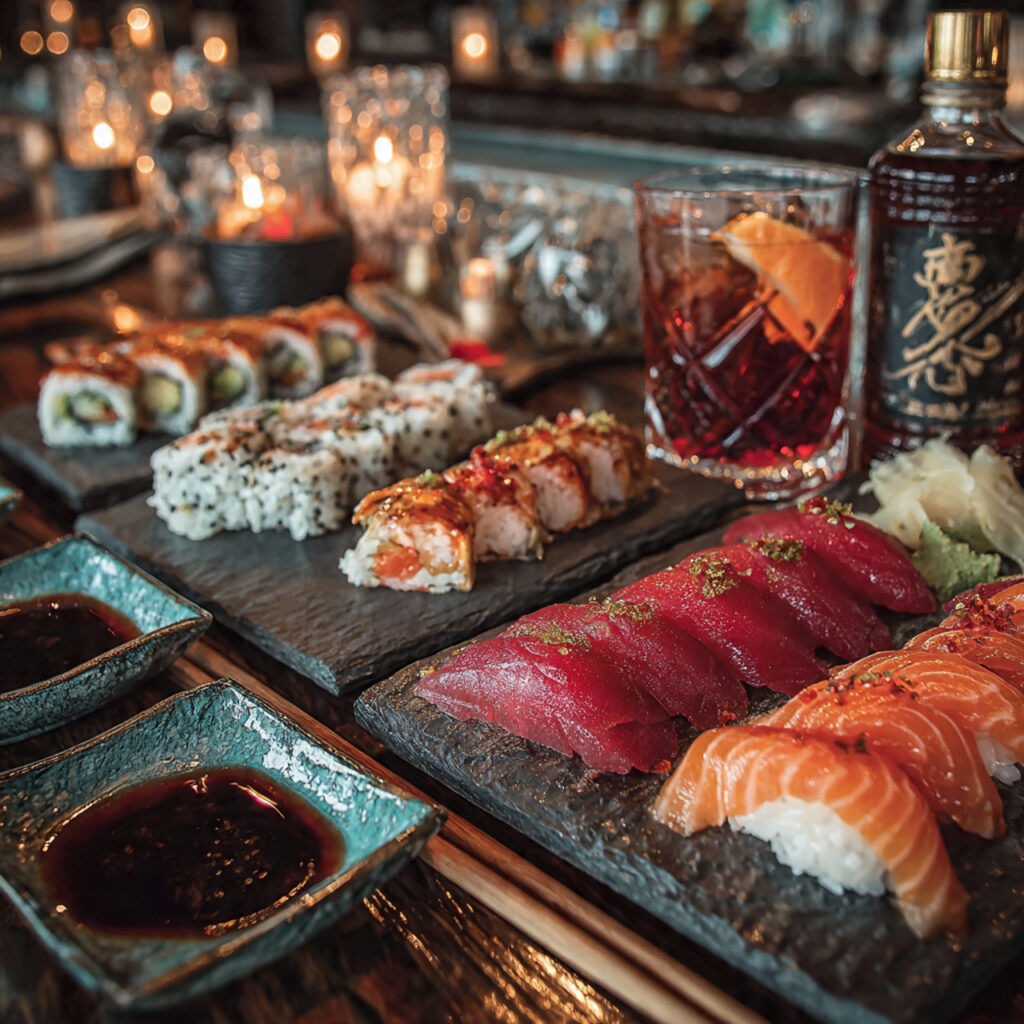 17 Delicious Cocktail Hour Food Ideas to Elevate Your Event 13 vibrant sushi rolls and nigiri displayed on