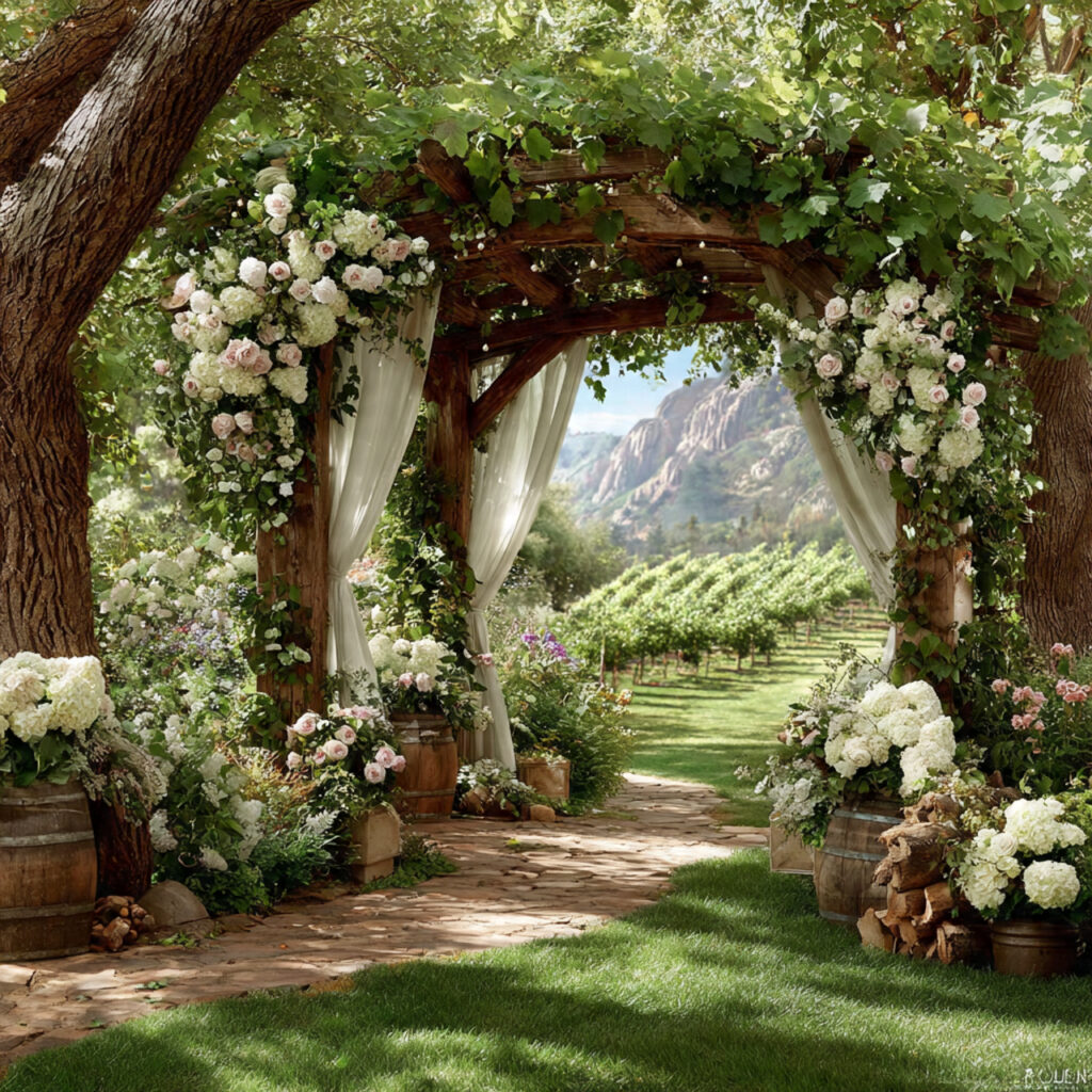 vineyard arbor wedding backdrop green grapevines overhead