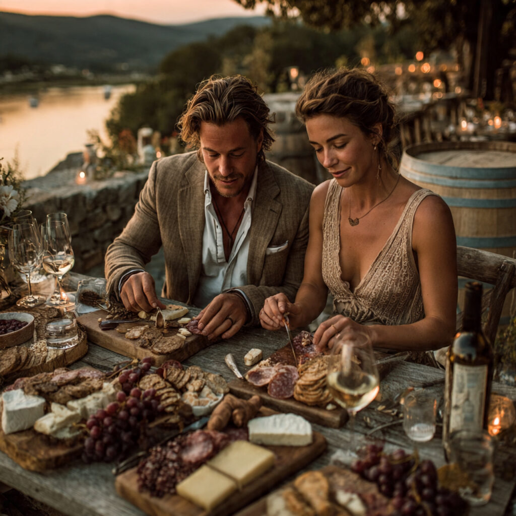 vineyard engagement party couple tasting wine rustic