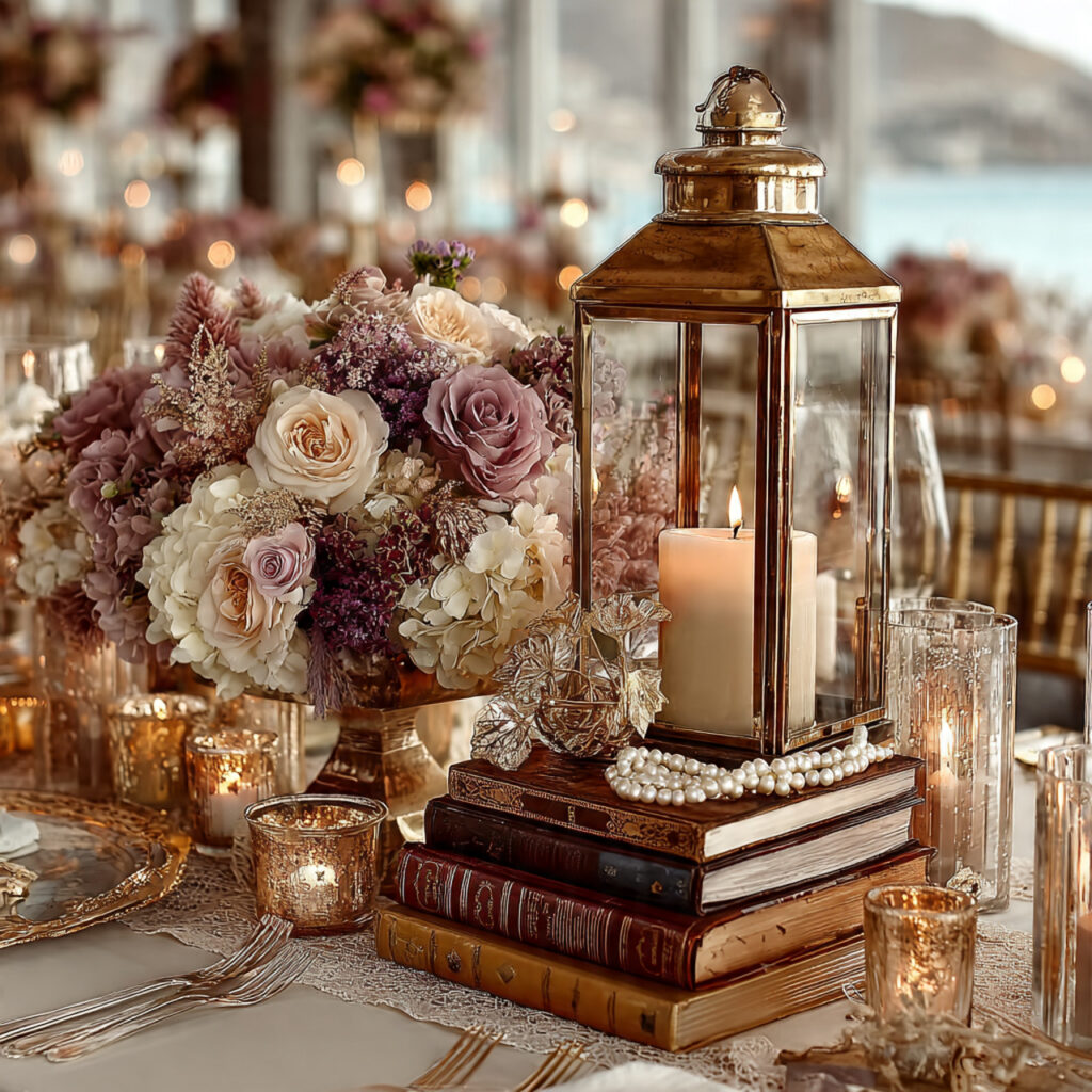 vintage brass lantern wedding centerpiece placed on