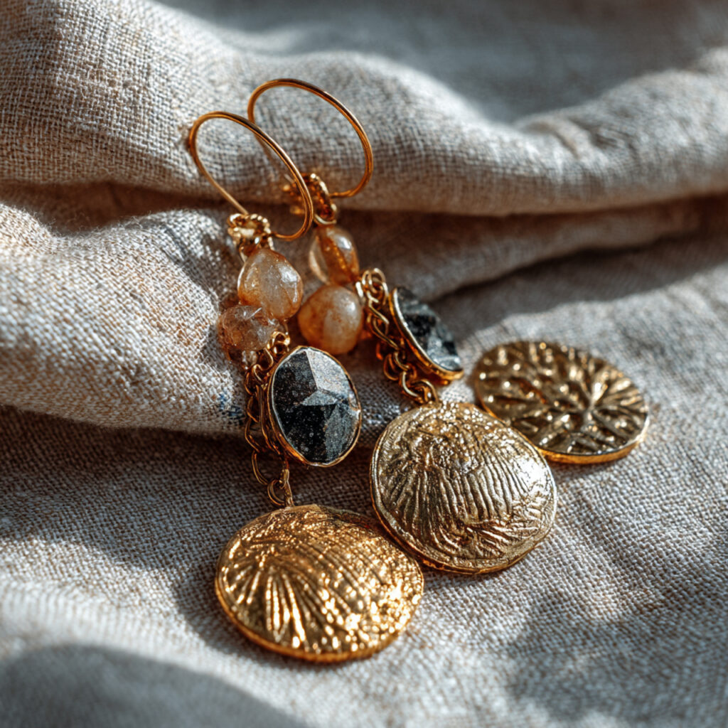 vintage recycled metal jewelry displayed on linen cloth