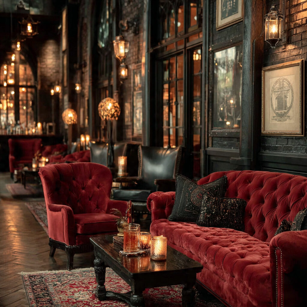 vintage speakeasy style wedding after party dark wood