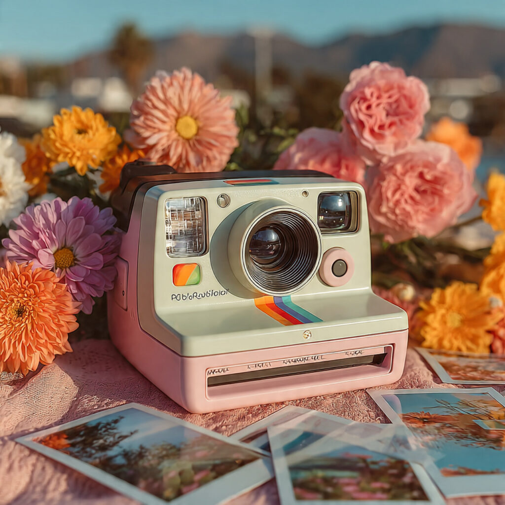 vintage style polaroid camera with scattered polaroid photos