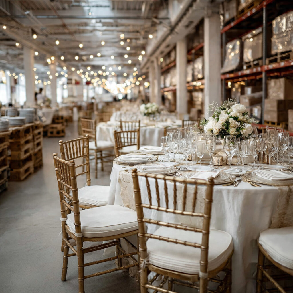 warehouse scene with neatly stacked wedding chairs