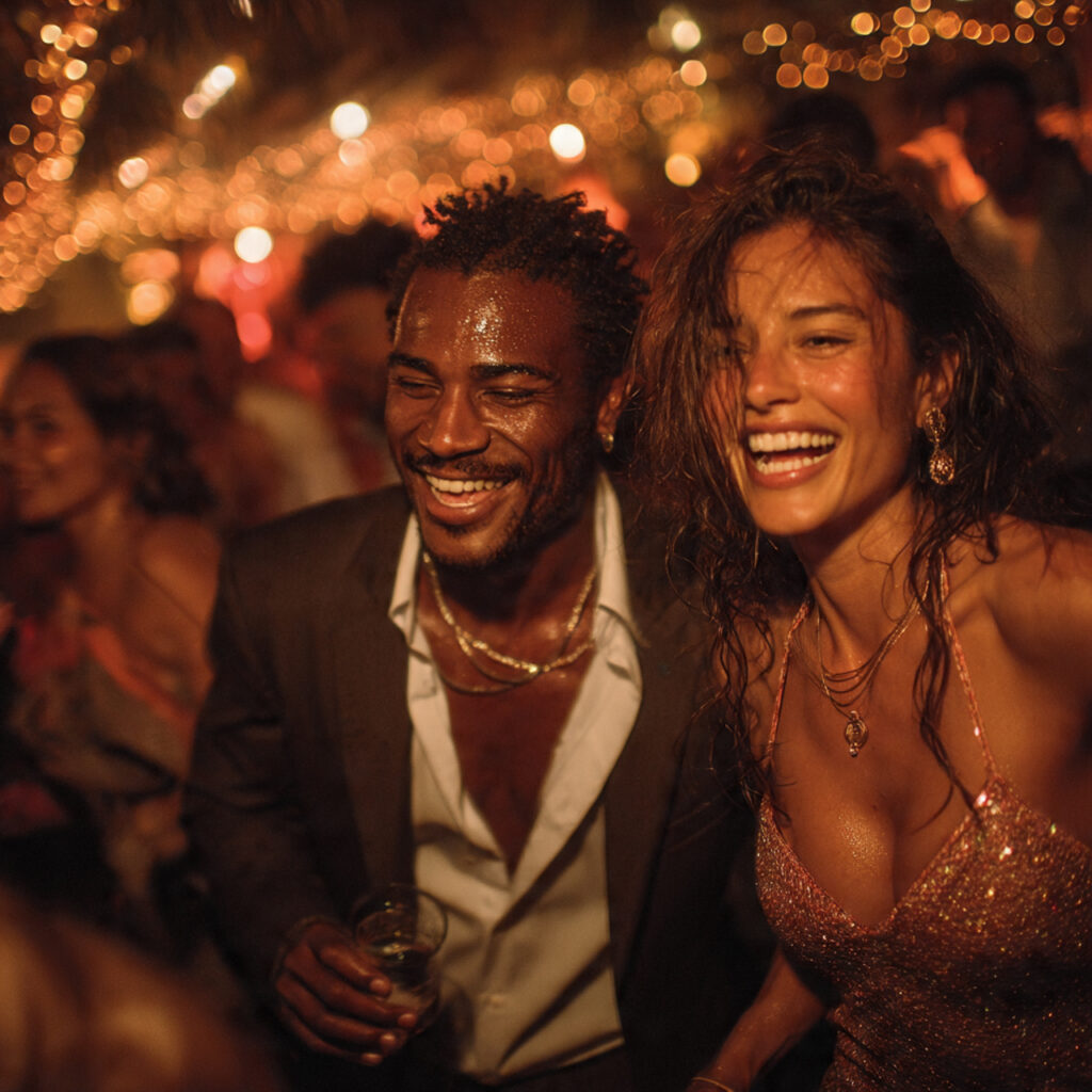 wedding after party scene with friends dancing fun