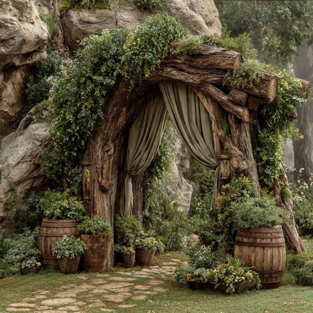 wedding arch made from natural branches draped