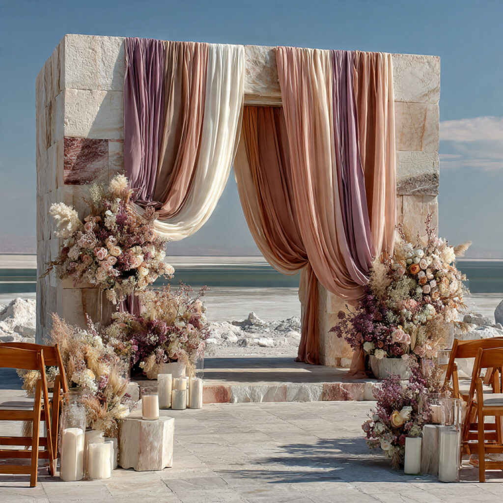 wedding backdrop with long flowing ribbons soft 1