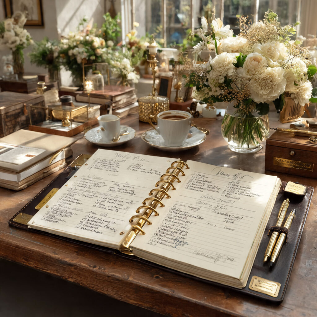 wedding binder open on a desk showing 1