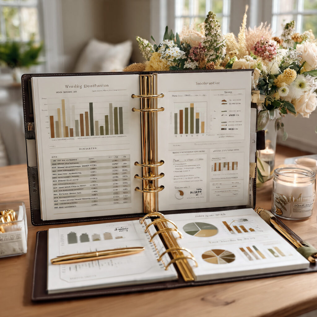 wedding budget spreadsheet inside a binder showing