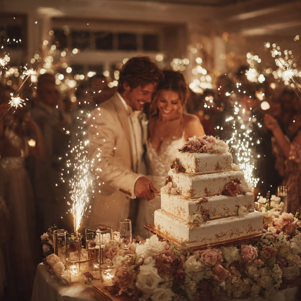 wedding cake brought out with sparklers at