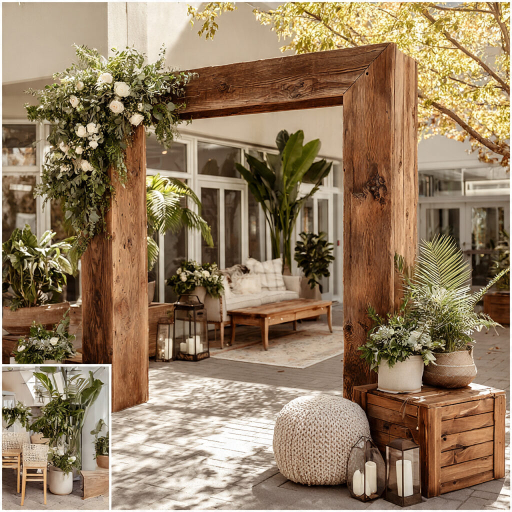 wedding ceremony arch made from reclaimed wood