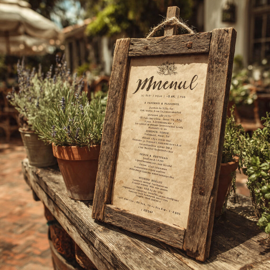wedding ceremony program displayed on a rustic