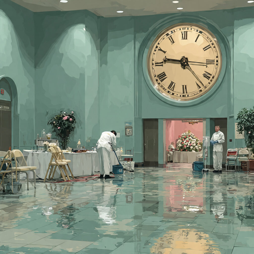 wedding cleanup scene with staff folding chairs