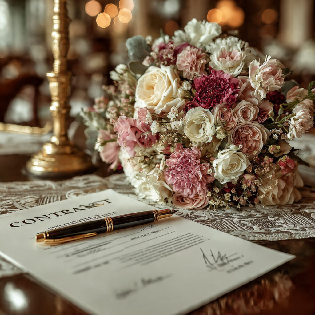 wedding contract on table with insurance documents