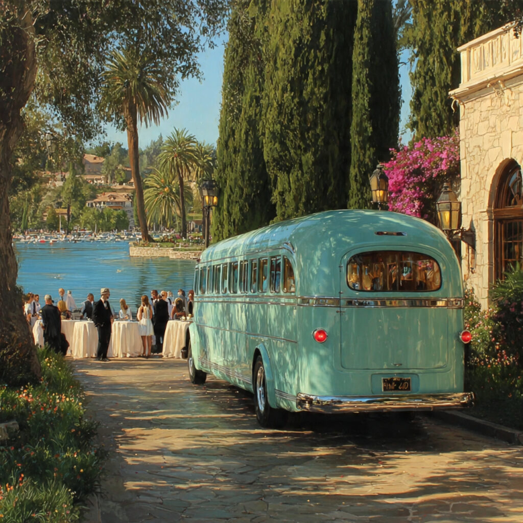 wedding guests arriving in a classic shuttle