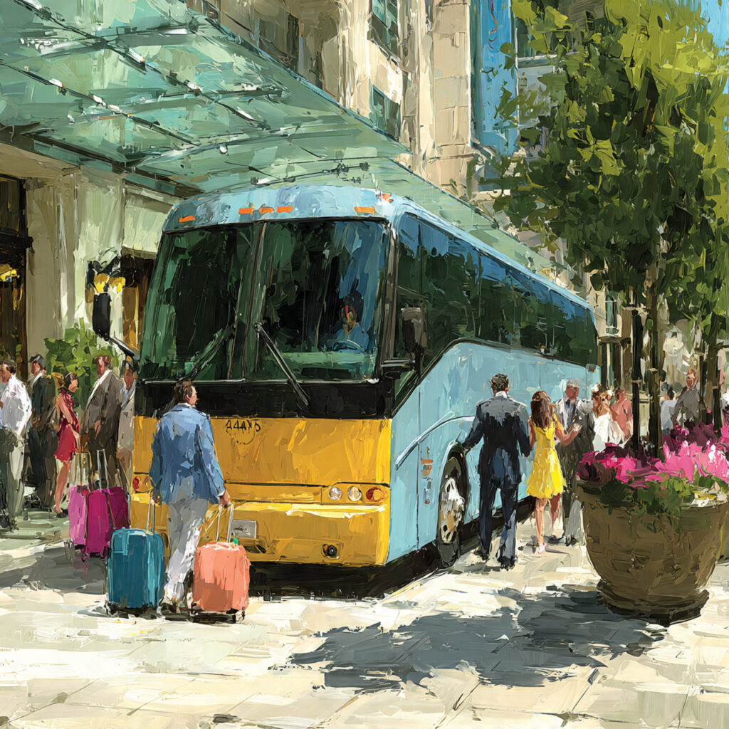 wedding guests boarding shuttle bus couple arranging