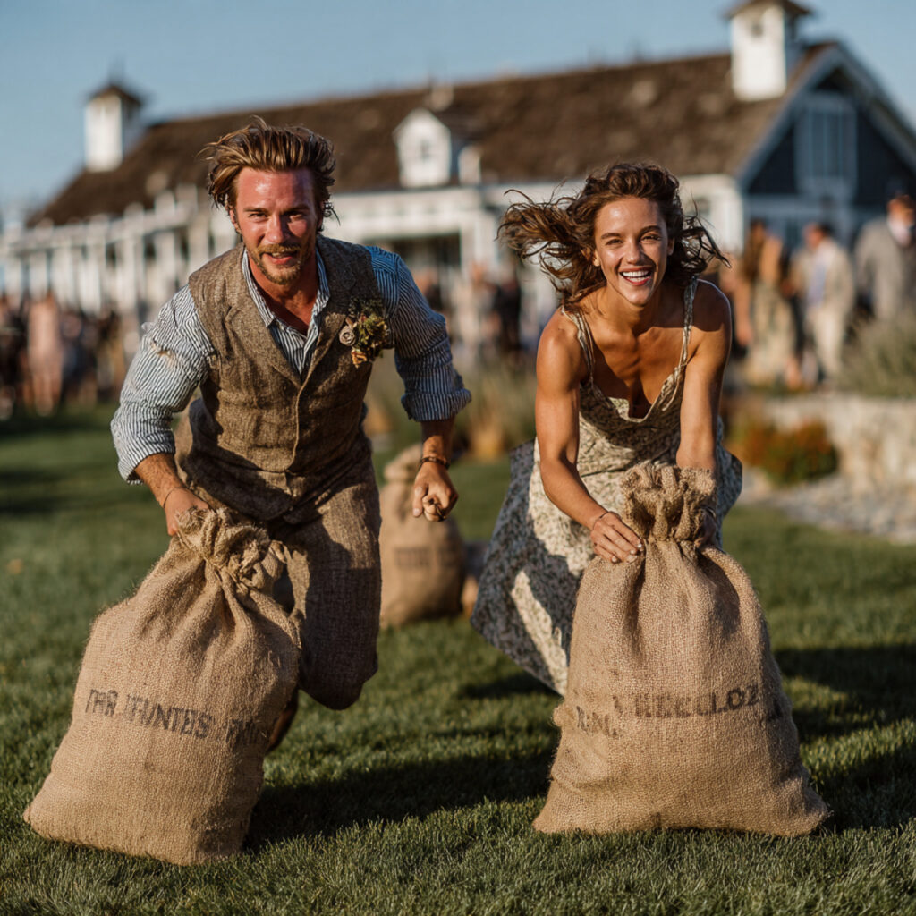 wedding guests doing sack races on a