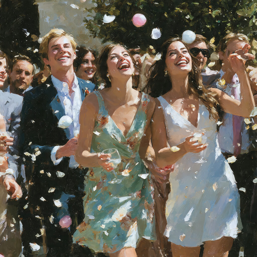 wedding guests tossing small pastel water balloons 1