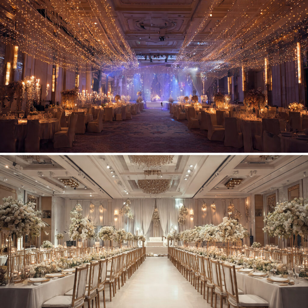 wedding hall with cluttered decorations on one