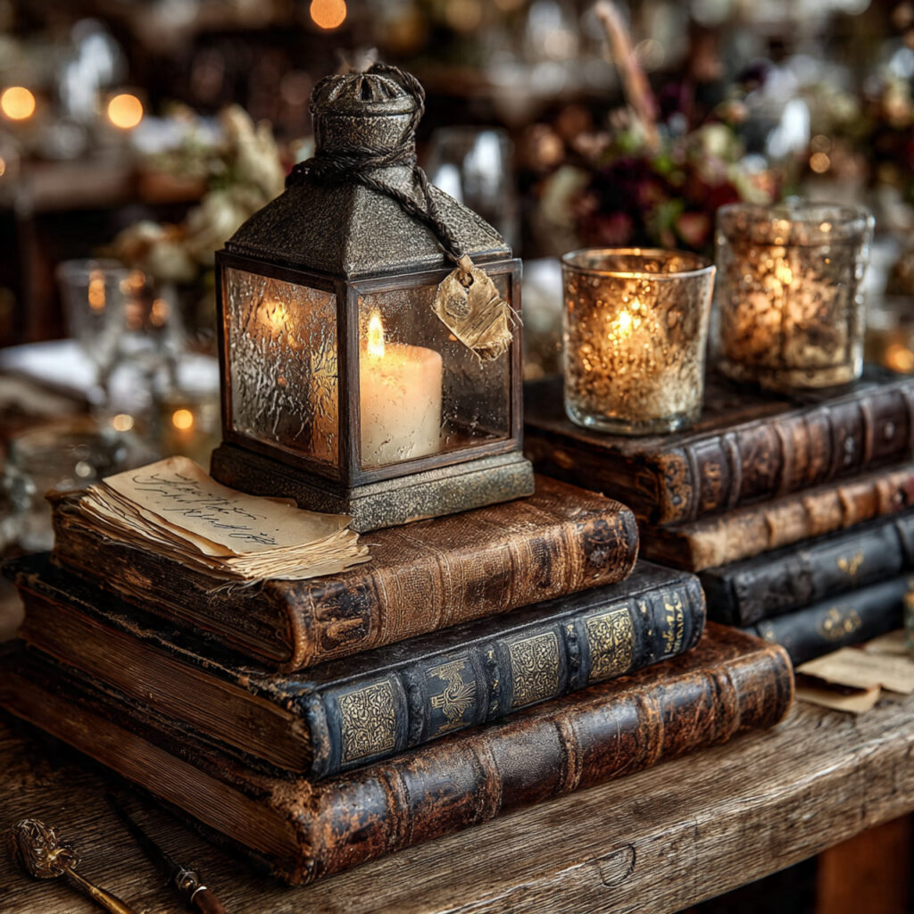 wedding lantern centerpiece stacked on vintage books