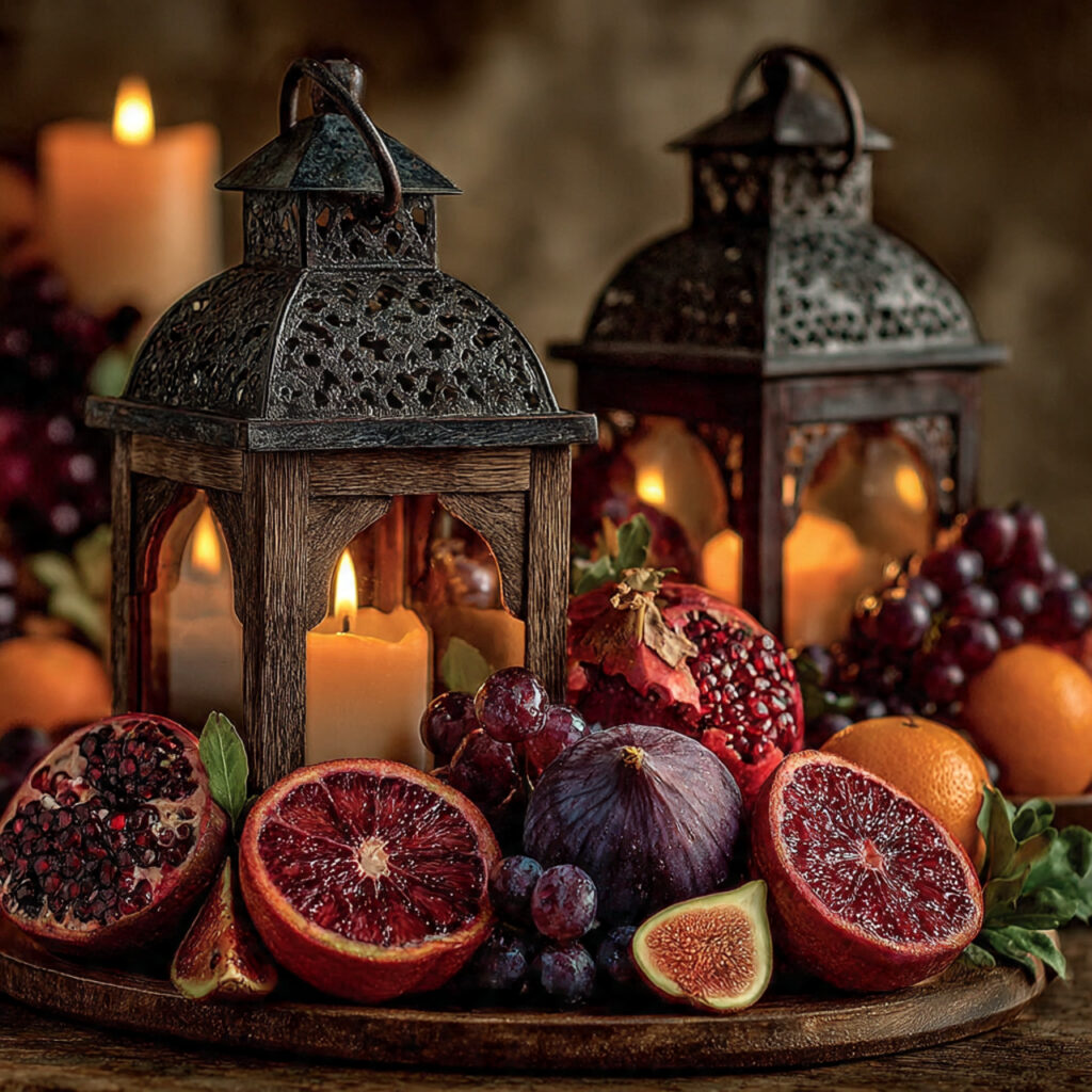 wedding lantern centerpiece surrounded by seasonal fruit citrus