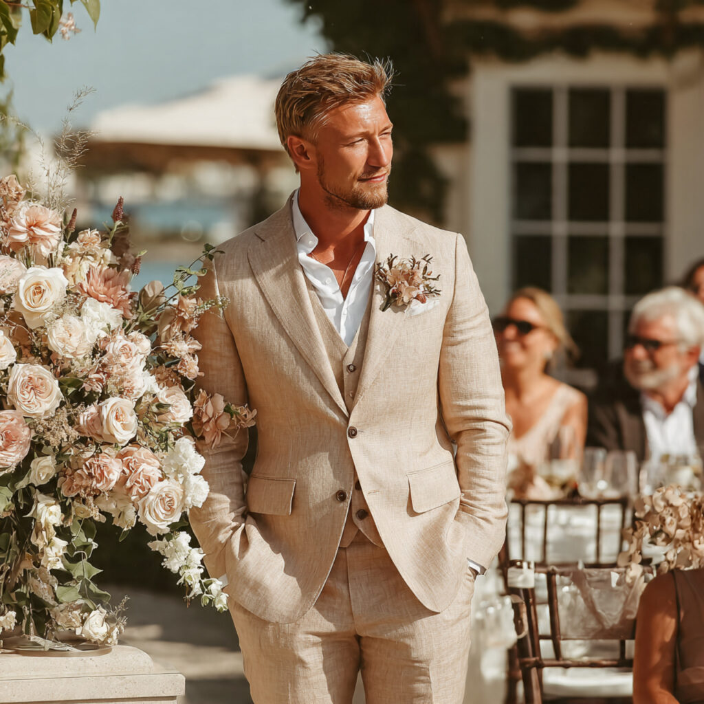wedding officiant in a light linen suit
