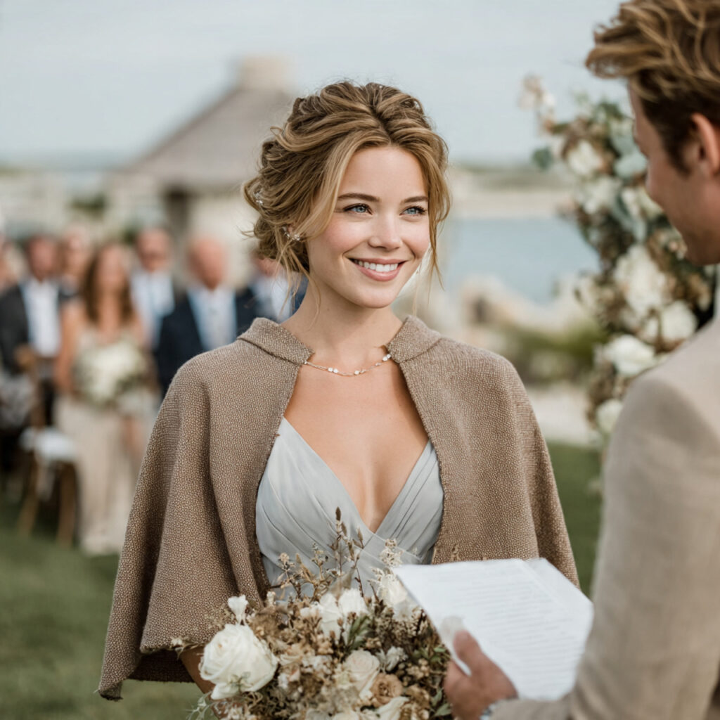 wedding officiant in a soft layered cardigan