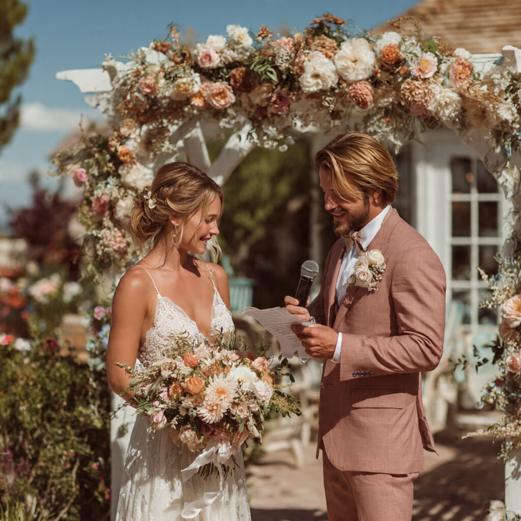 wedding officiant leading ceremony under floral arch
