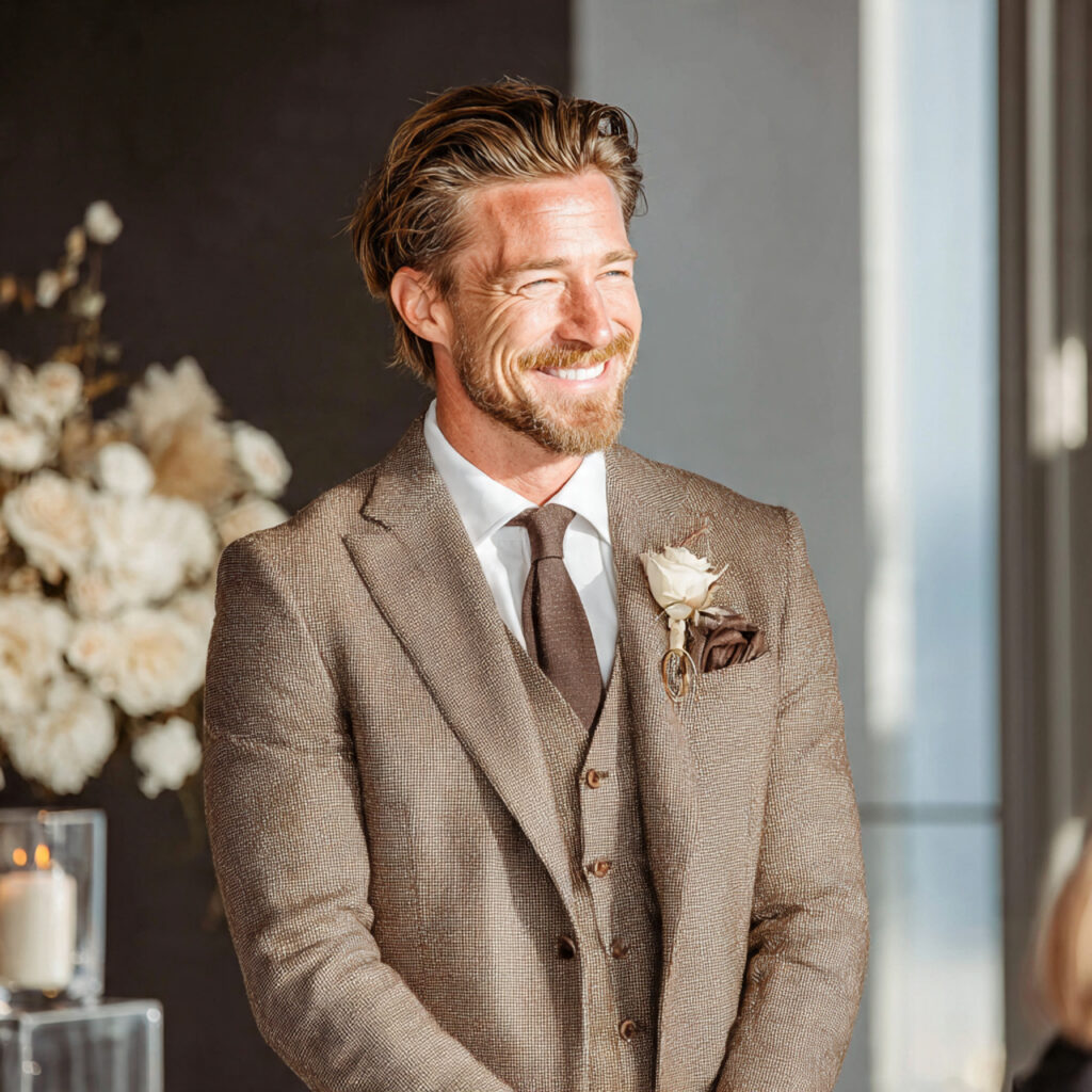 wedding officiant wearing an outfit with subtle
