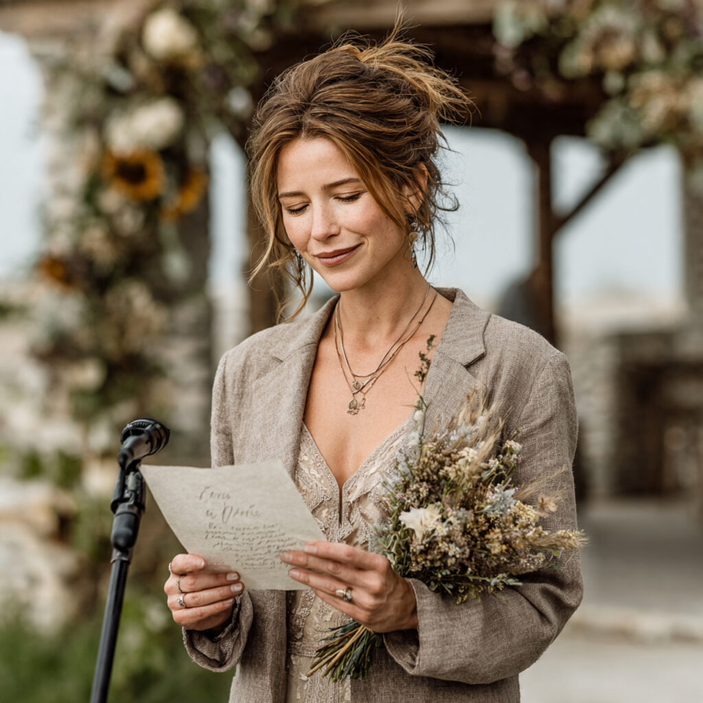 wedding officiant wearing soft neutral tones taupe cream