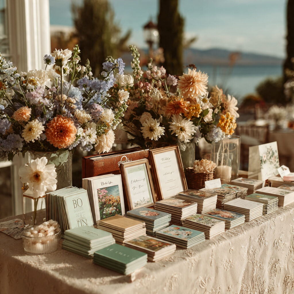 wedding photo bingo cards on a decorated