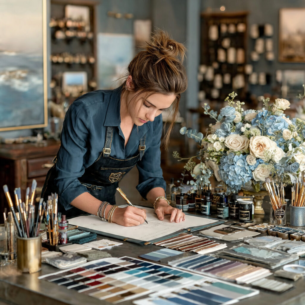 wedding planner arranging color palettes flower samples