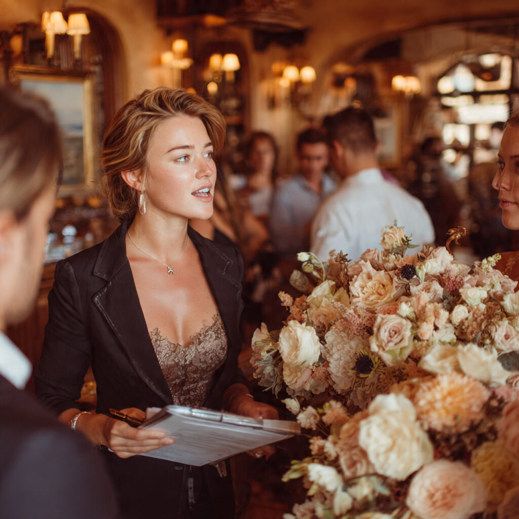 wedding planner directing bridal party rehearsal instructing