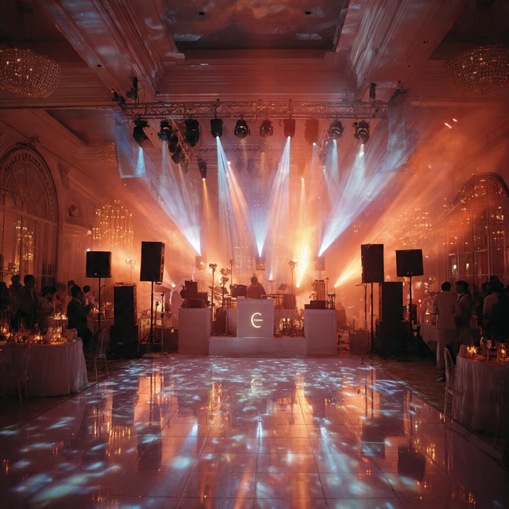 wedding reception with dj booth speakers soft