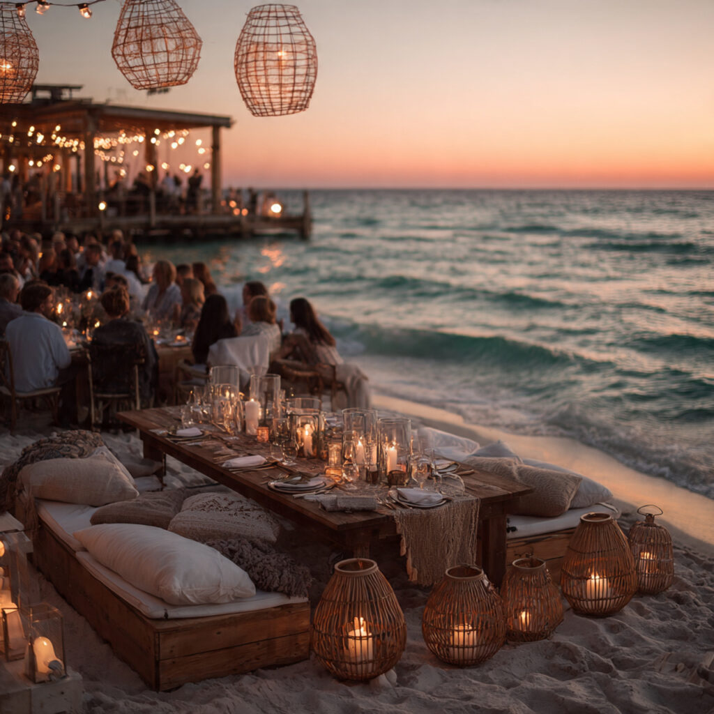 wedding rehearsal dinner on the beach lanterns