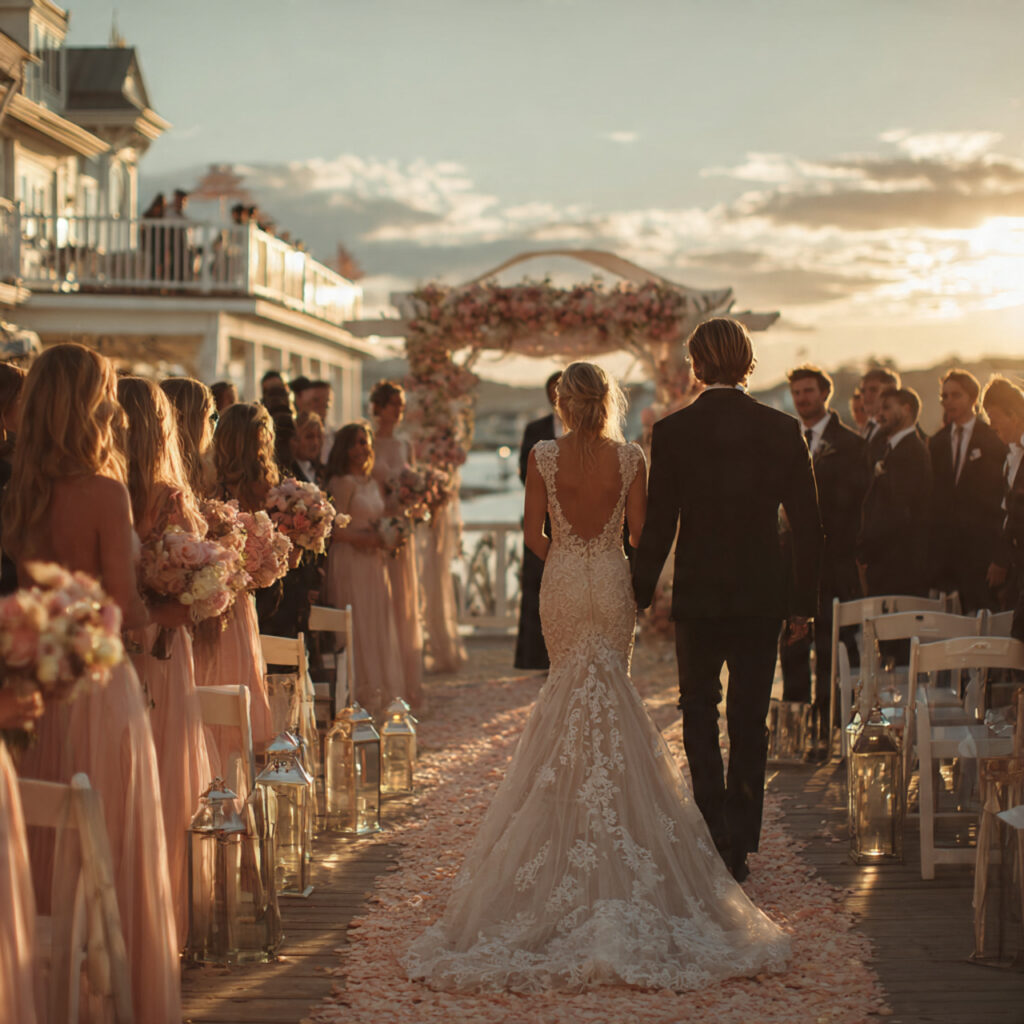 wedding rehearsal scene with couple officiant and