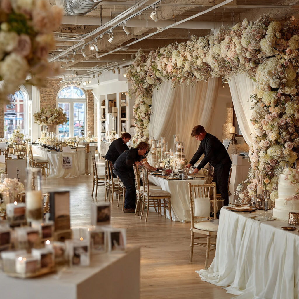 wedding team flipping ceremony space to reception