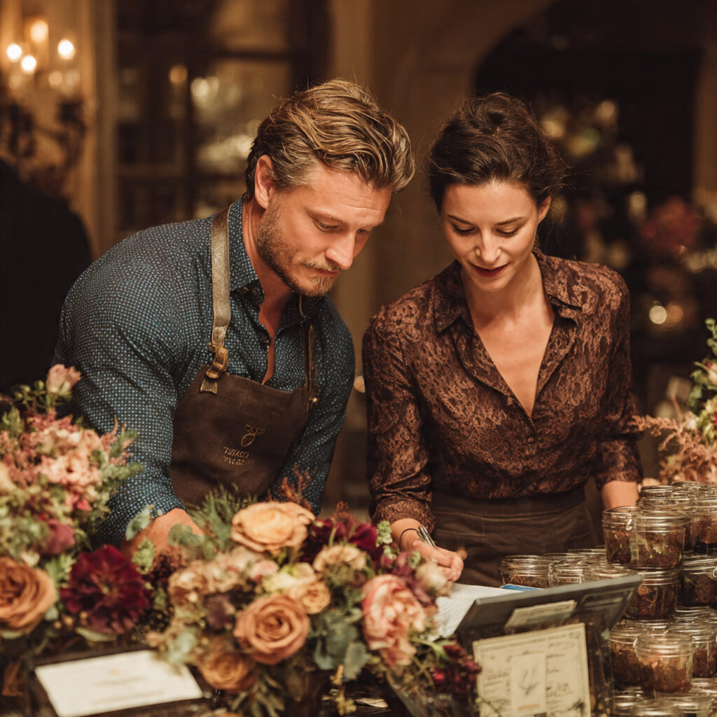 wedding vendors meeting with couple florist caterer