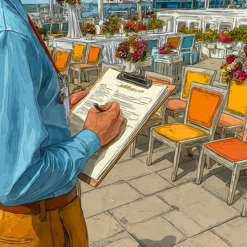 wedding venue coordinator with clipboard guiding vendors