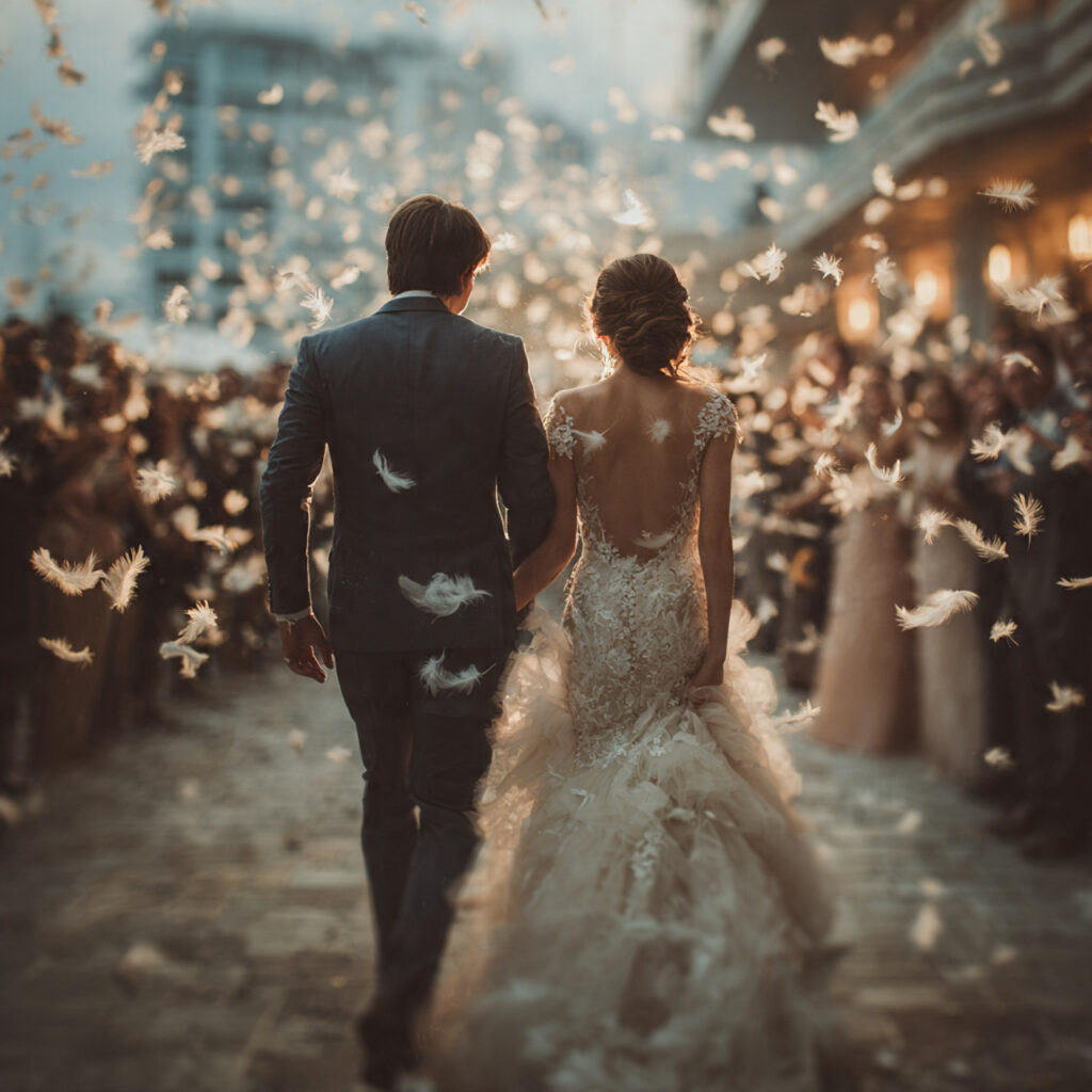 18 Stunning Wedding Send Off Ideas for an Unforgettable Exit 10 white and gold feathers drifting slowly in