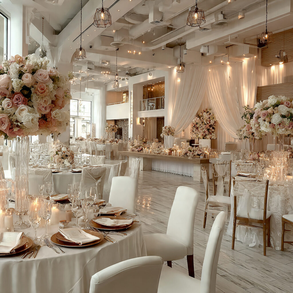 wide wedding ballroom setup round tables and