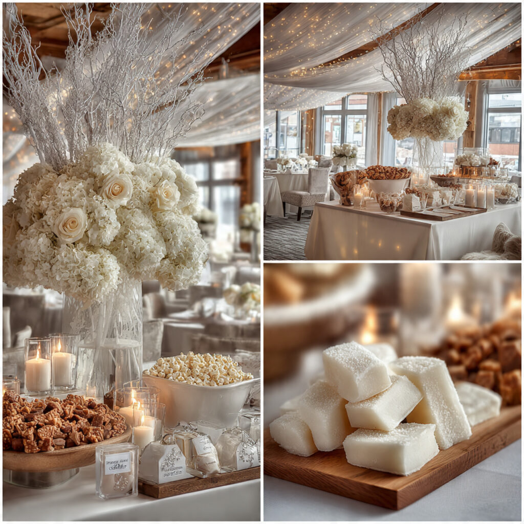 winter engagement party with snow theme white
