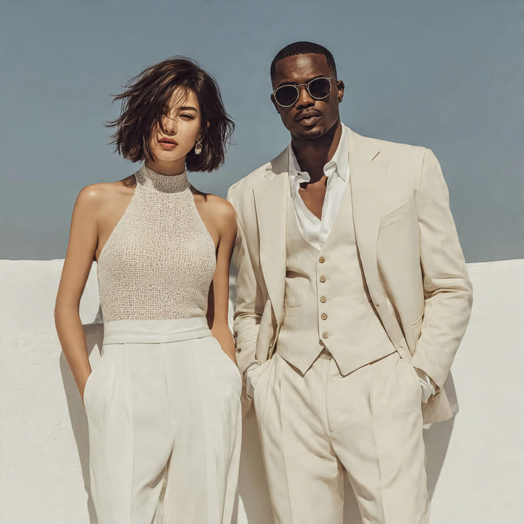 woman in all white textured outfit man in