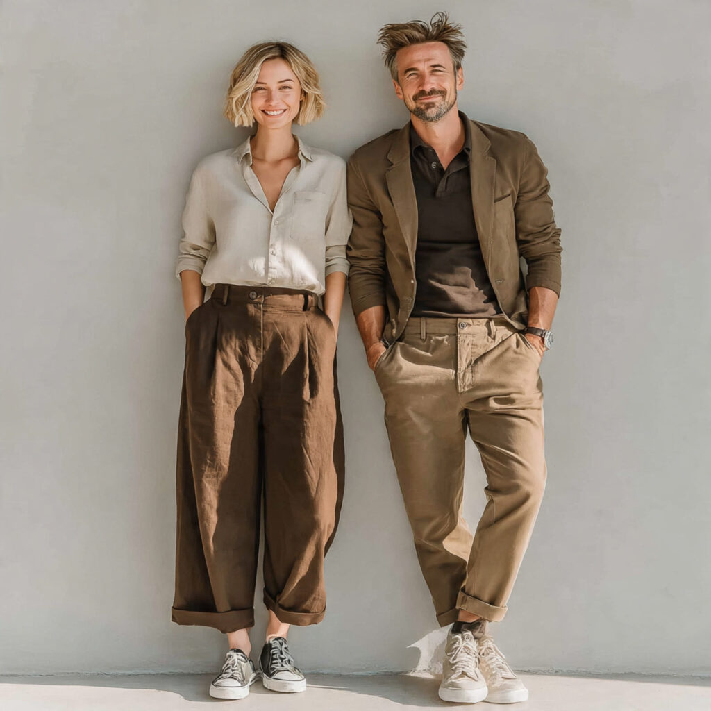 woman in wide leg trousers with blouse and