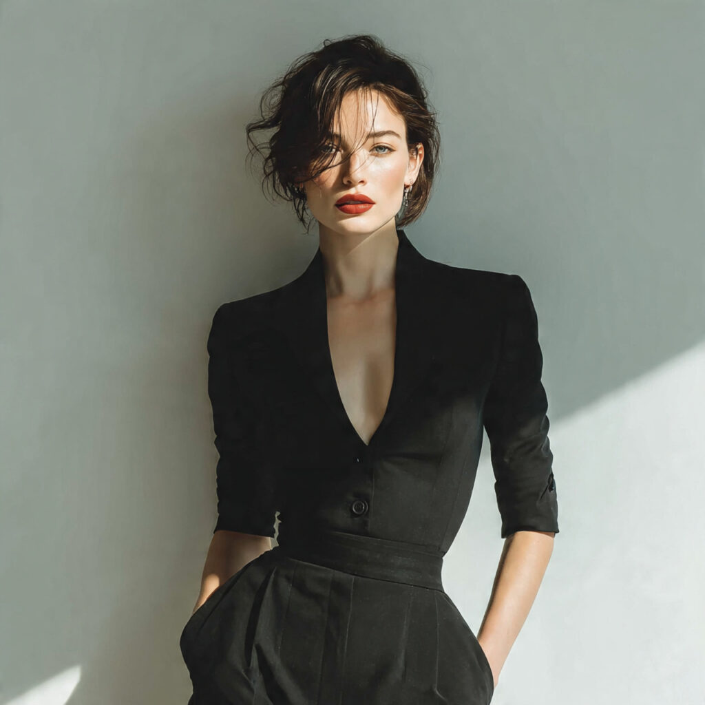 woman wearing a sharply tailored black jumpsuit