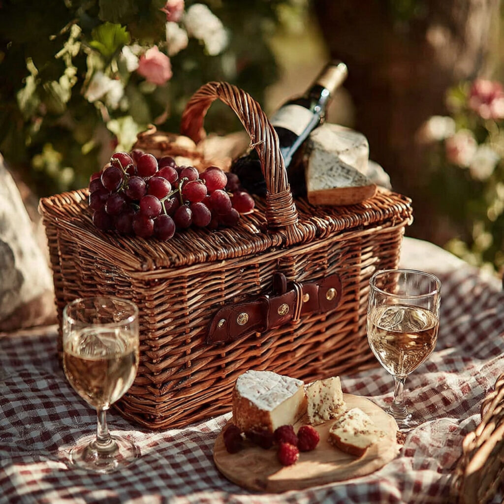 woven willow picnic basket filled with wine
