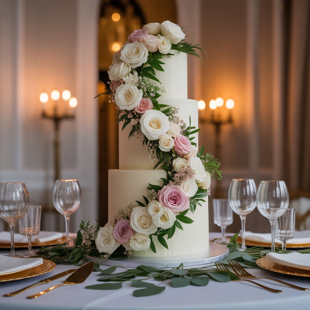 a tall ivory wedding cake with cascading beDpCggjTdqXkgOUgnb5JQ UwrA8yPLTdaLftRTyJBHFg